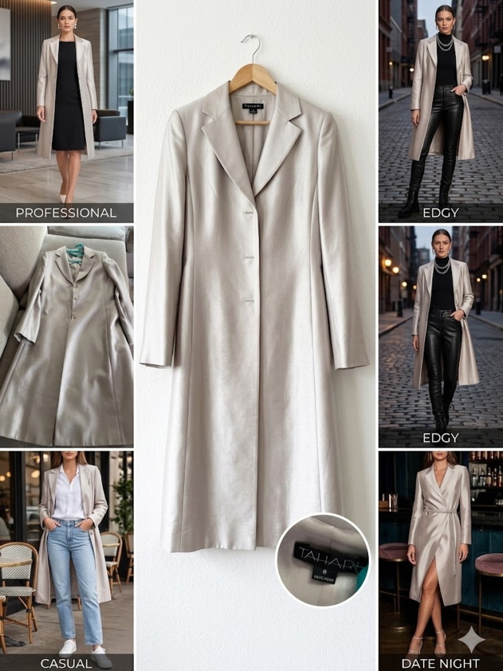 🔥 TAHARI Champagne Silver Silk Blend Duster Coat Blazer Jacket Size 8 Lined 💎